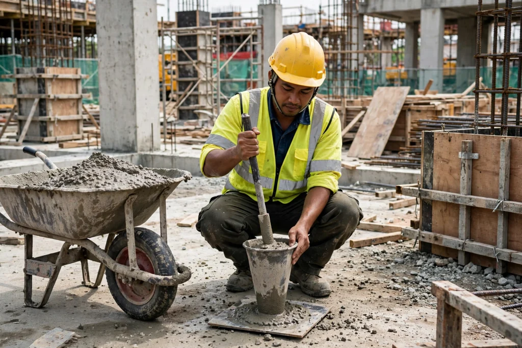 Pengawasan mutu beton melalui uji slump di proyek konstruksi gedung