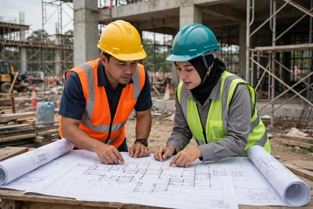Insinyur Indonesia membaca gambar kerja konstruksi di lokasi proyek