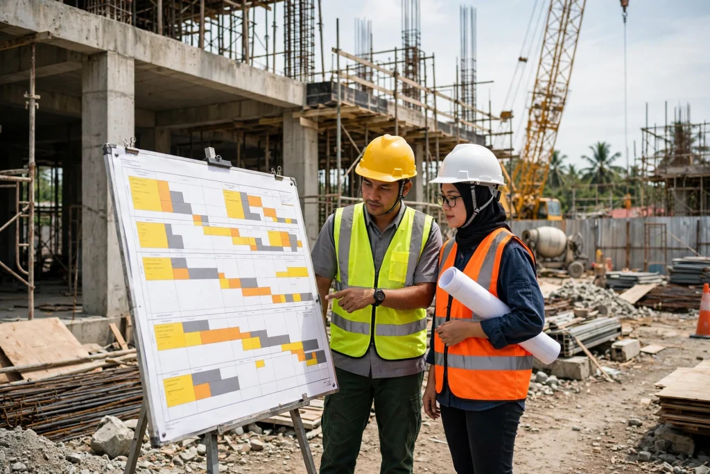 Insinyur meninjau jadwal untuk mengatasi keterlambatan proyek konstruksi