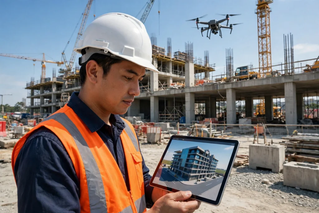 Insinyur Indonesia menggunakan teknologi konstruksi modern: tablet dan drone di lokasi proyek