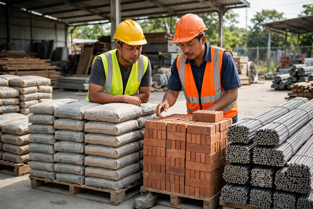 Supplier material konstruksi diperiksa di gudang material
